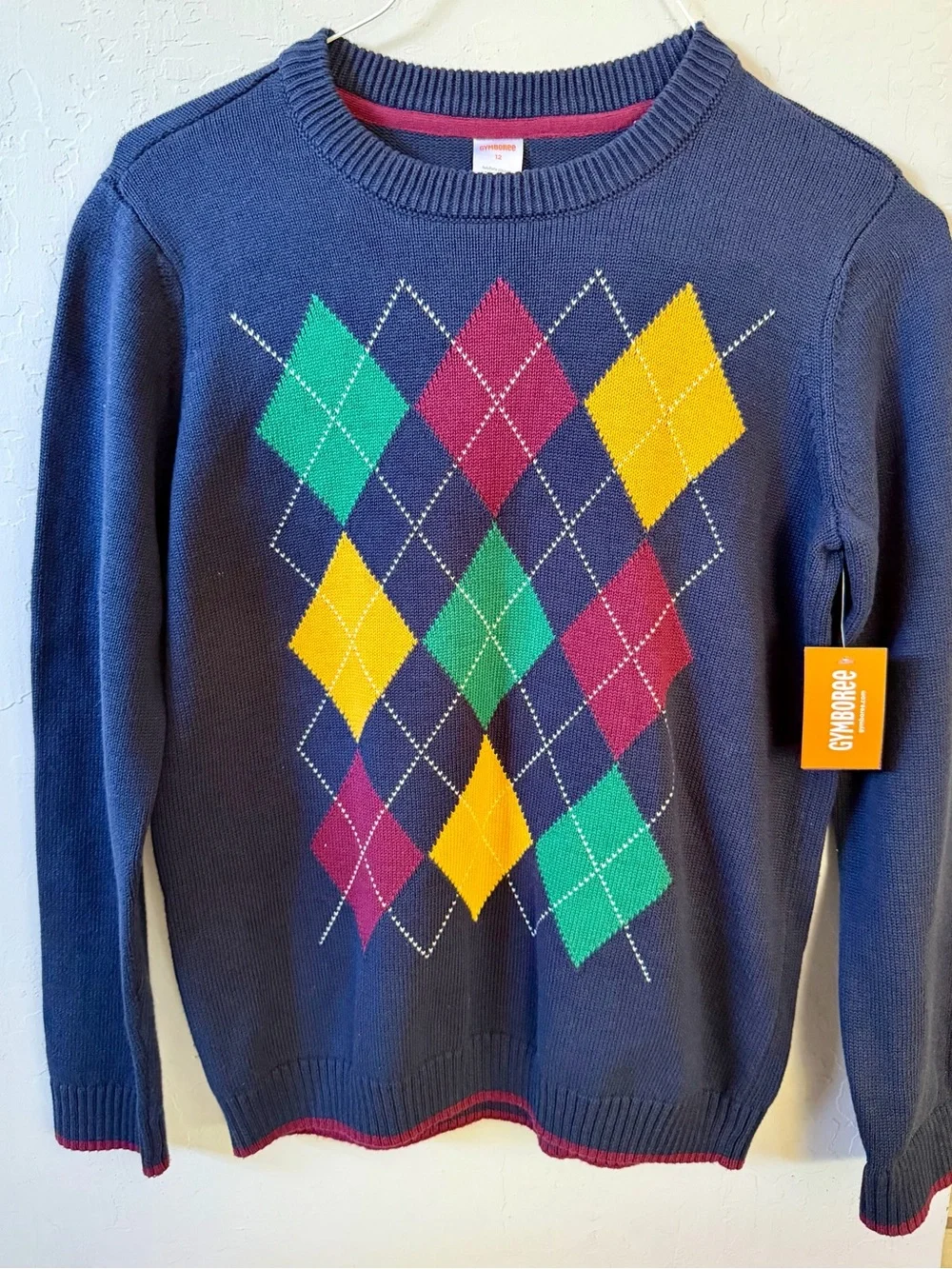 Gymboree Boys Intarsia Argyle Sweater Size 12 Navy 100% Cotton NWT